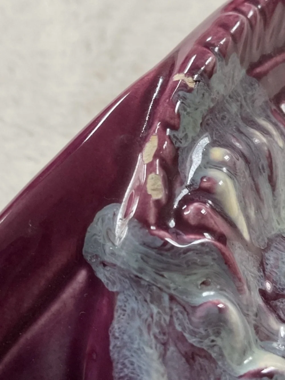 Royal Haeger Peacock Fan Vase Burgundy Drip Glaze MCM Pottery USA As Is